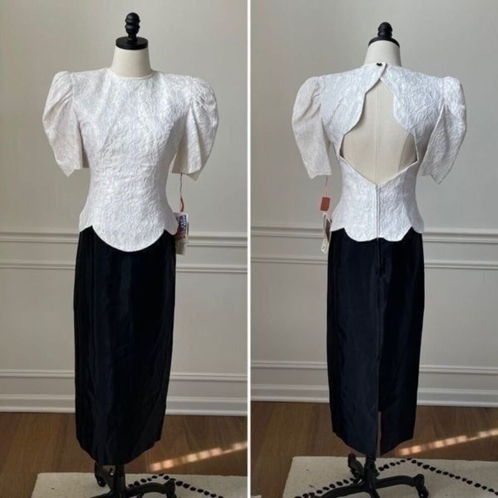 NWT Vintage 80s Susan Rossetti for Vijack Black White Midi Dress Pouf Shoulder 6